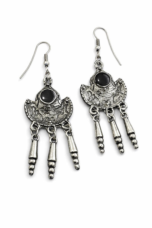 Bohemian Silver Dangle Earrings with Black Stone, Gothic Crescent Earrings, Witchy Jewellery Gift for Her, Comes Gift Bag