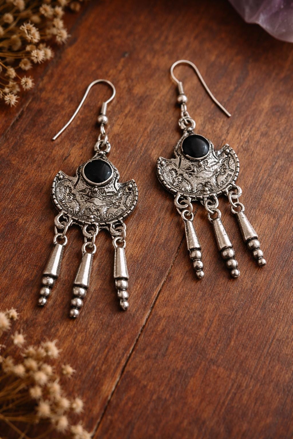 Bohemian Silver Dangle Earrings with Black Stone, Gothic Crescent Earrings, Witchy Jewellery Gift for Her, Comes Gift Bag