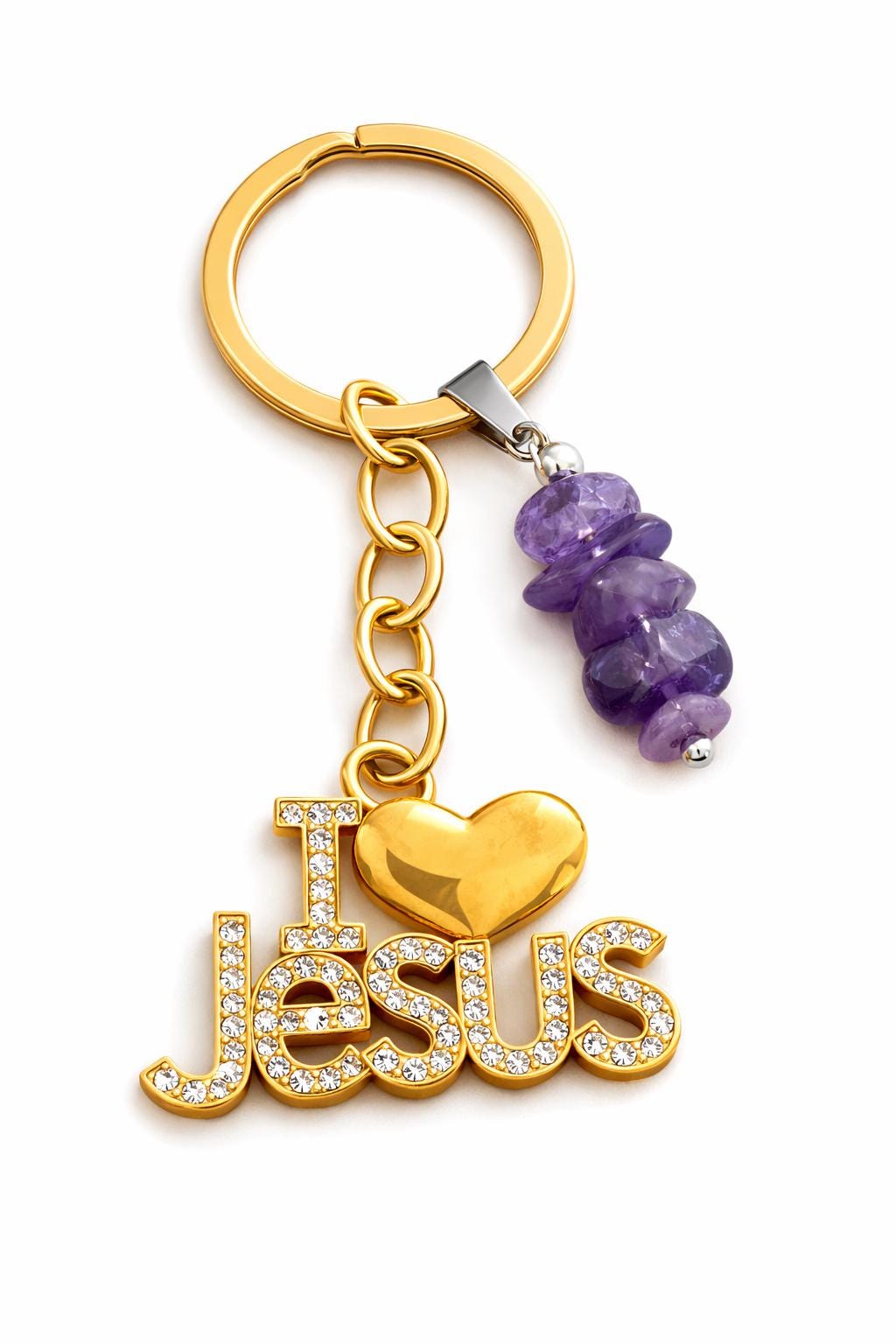 I Love Jesus Keyring with Healing Crystals – Christian Gift, Faith Keychain, Amethyst, Turquoise, Black Onyx, Rose Quartz