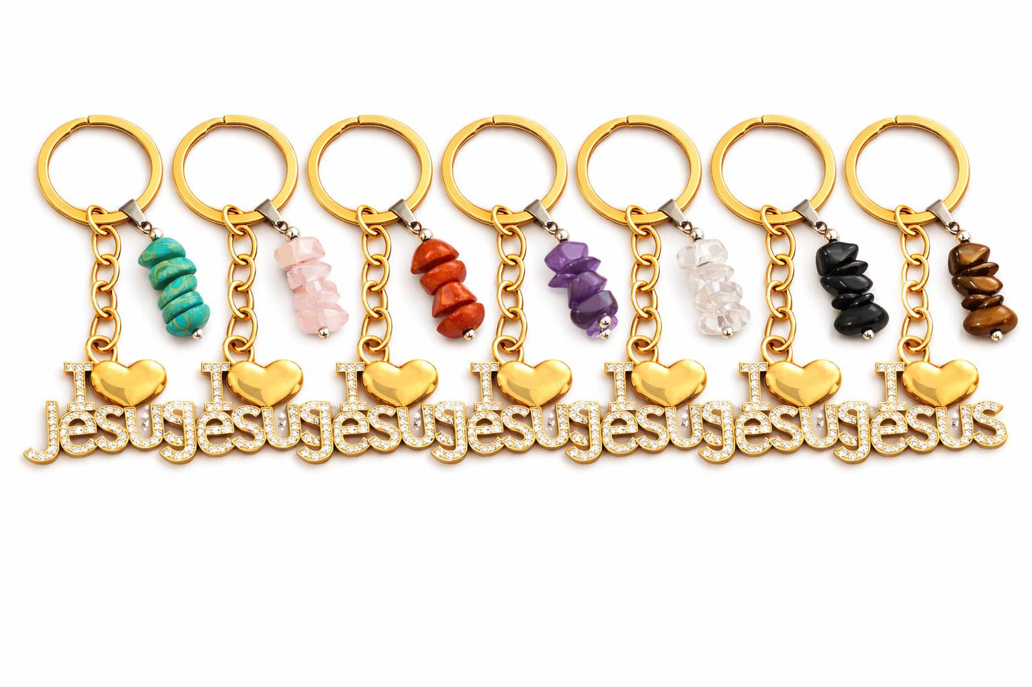 I Love Jesus Keyring with Healing Crystals – Christian Gift, Faith Keychain, Amethyst, Turquoise, Black Onyx, Rose Quartz
