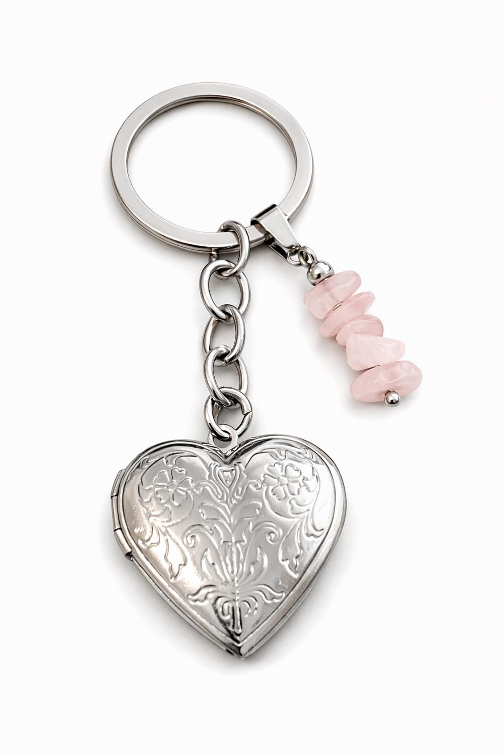 Heart Locket Keyring with Rose Quartz – Photo Locket Keychain, Love Crystal Gift, Memorial Keepsake, Healing Crystal Charm