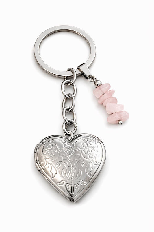Heart Locket Keyring with Rose Quartz – Photo Locket Keychain, Love Crystal Gift, Memorial Keepsake, Healing Crystal Charm