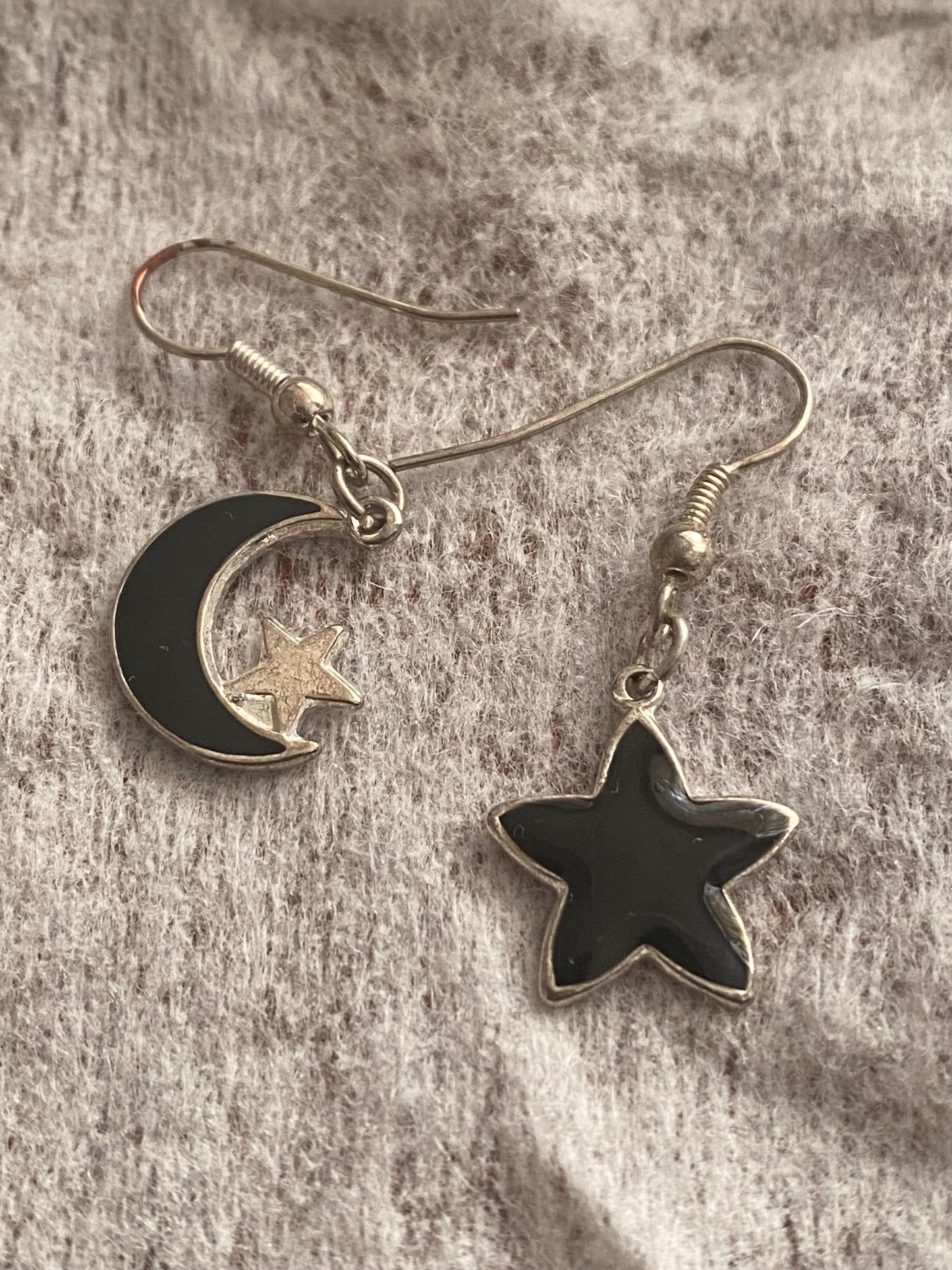 Celestial Moon & Star Mismatched Earrings, Black Enamel Witchy Earrings, Boho Cosmic Jewellery, Gift for Her