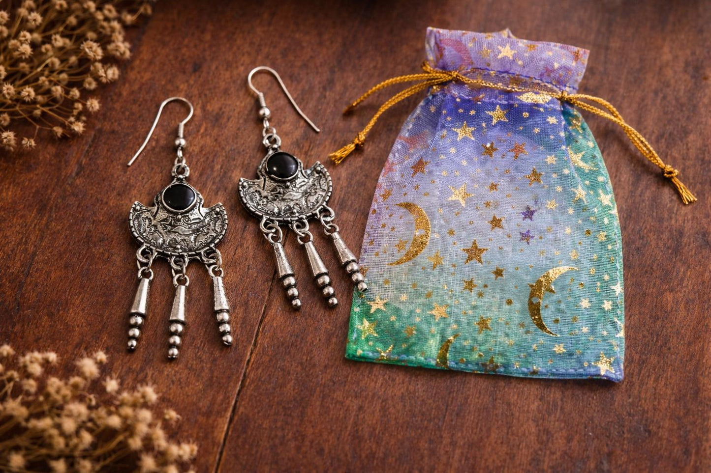 Bohemian Silver Dangle Earrings with Black Stone, Gothic Crescent Earrings, Witchy Jewellery Gift for Her, Comes Gift Bag