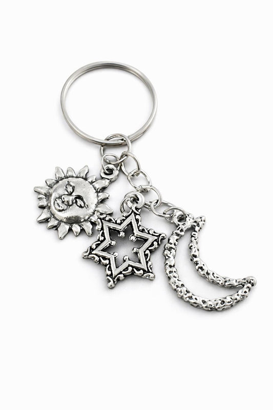 Mystical Bag Charm Keyring, Sun Moon Star Keychain, Boho Handbag Charm, Witchy Accessory, Spiritual Gift for Her
