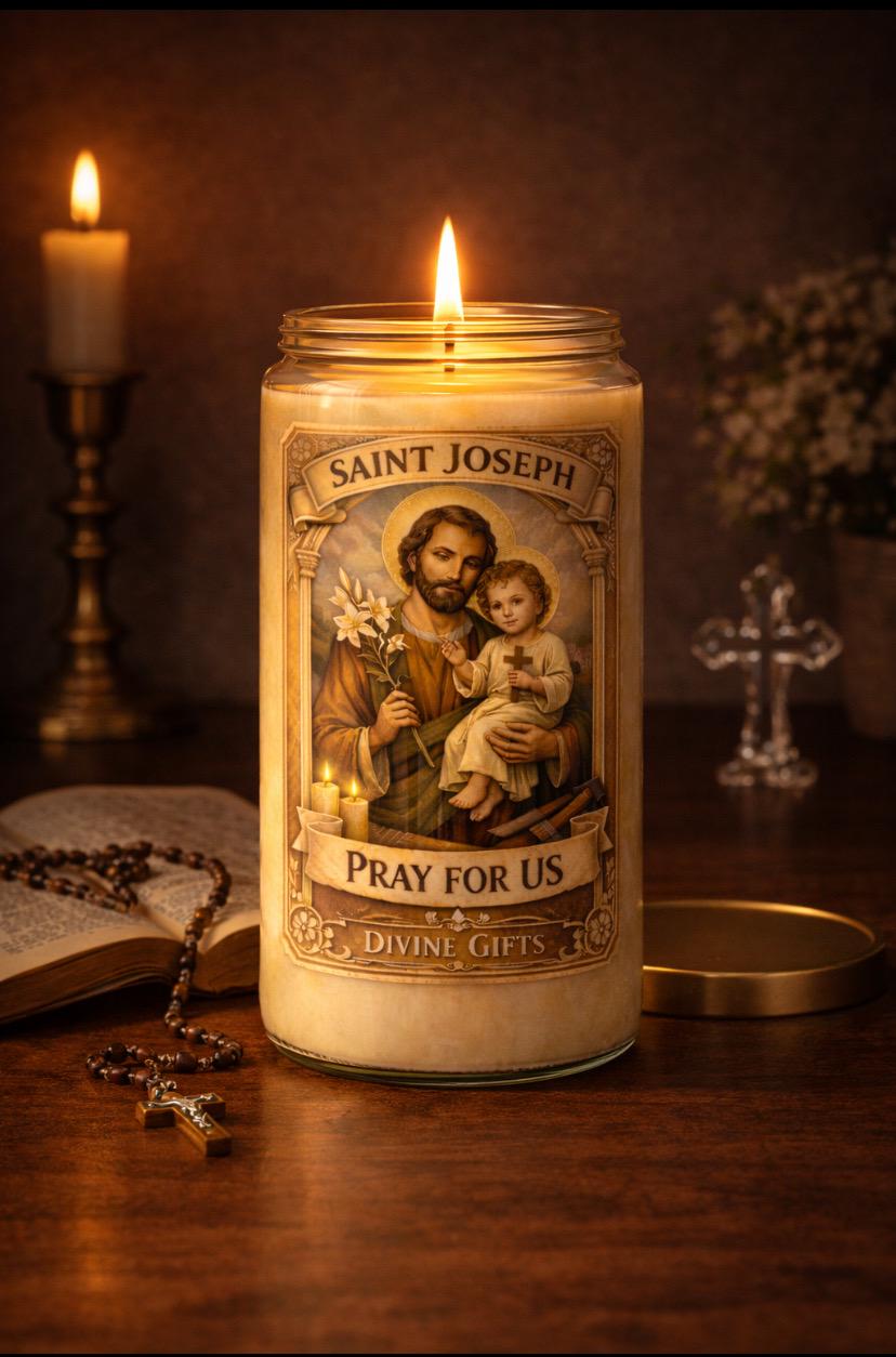 St Joseph Prayer Candle –  Devotional Catholic Candle for Work, Home & Family | Saint Joseph Pray For Us | Religious Gift | Prayer card