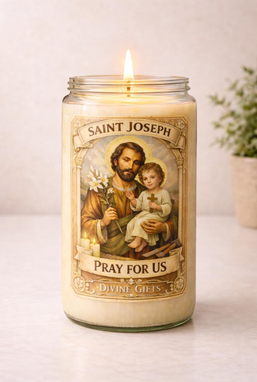 St Joseph Prayer Candle –  Devotional Catholic Candle for Work, Home & Family | Saint Joseph Pray For Us | Religious Gift | Prayer card