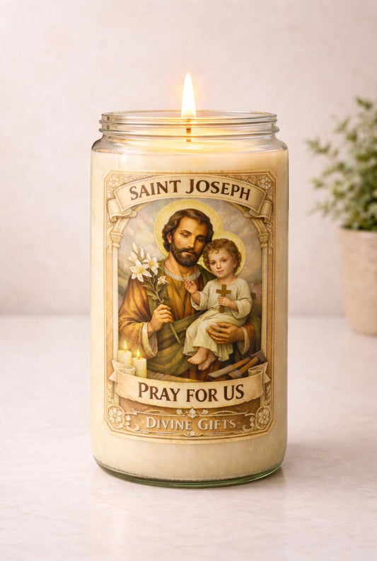 St Joseph Prayer Candle –  Devotional Catholic Candle for Work, Home & Family | Saint Joseph Pray For Us | Religious Gift | Prayer card