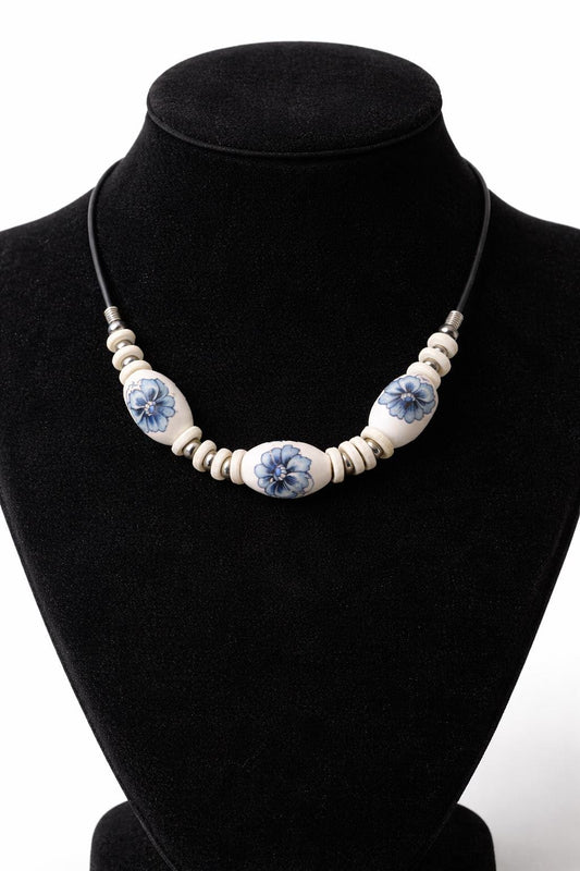 Blue & White Ceramic Bead Choker Necklace | Boho Floral Necklace | Cottagecore Jewellery | Vintage Style Beaded Necklace | Gift for Her