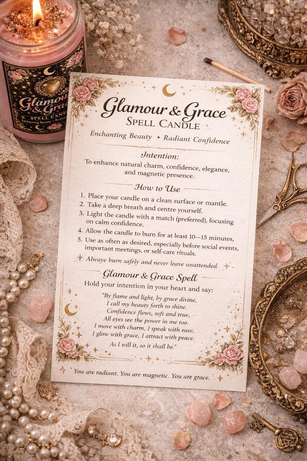 Glamour & Grace Spell Candle | Confidence, Beauty Ritual Candle |  Manifestation Candle | Self Love Magic | 11oz