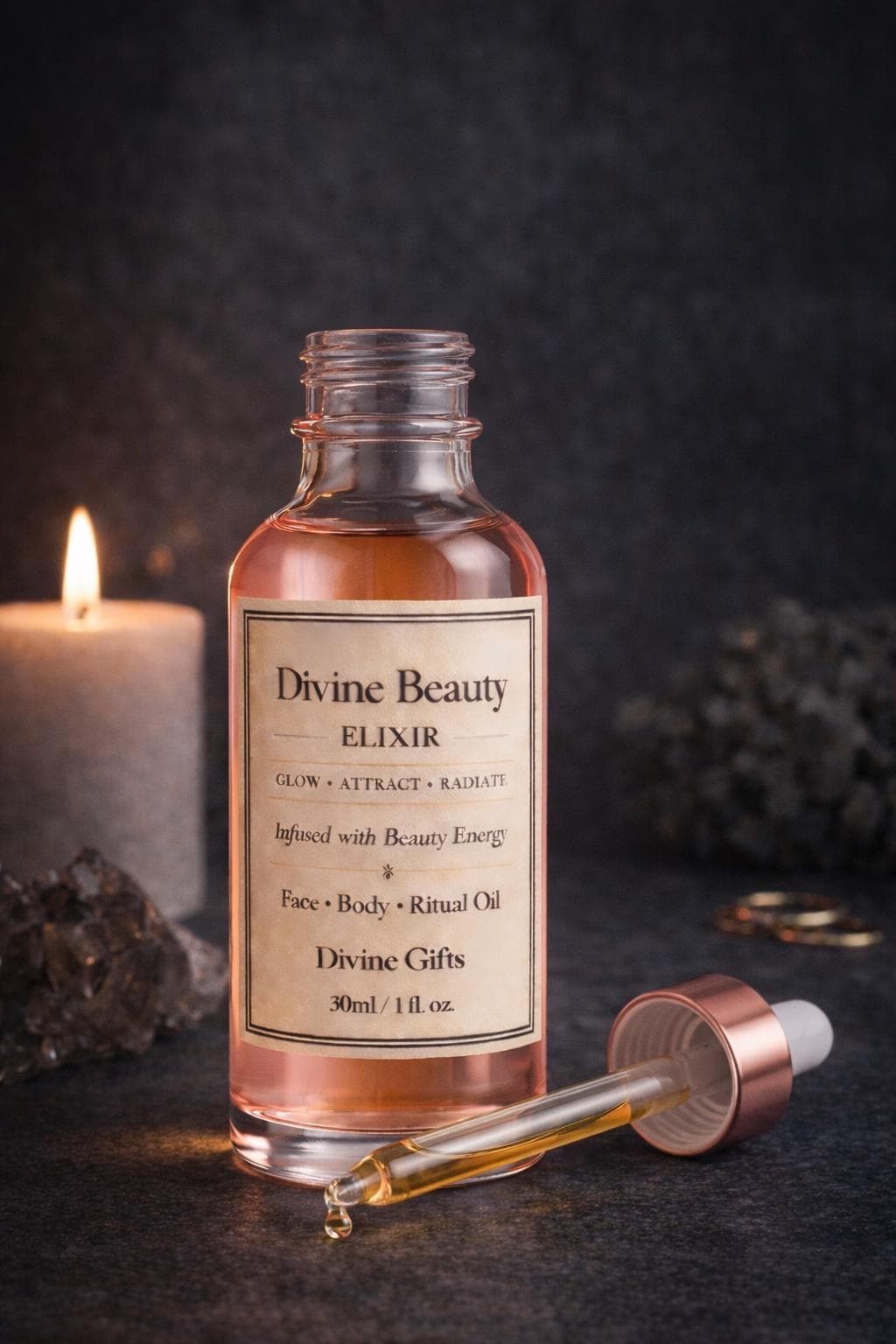 Divine Beauty Elixir – Luxury Glow Oil for Face & Body, Attraction Oil, Feminine Energy Radiance, Self Love Skincare with vitamin E | Gift