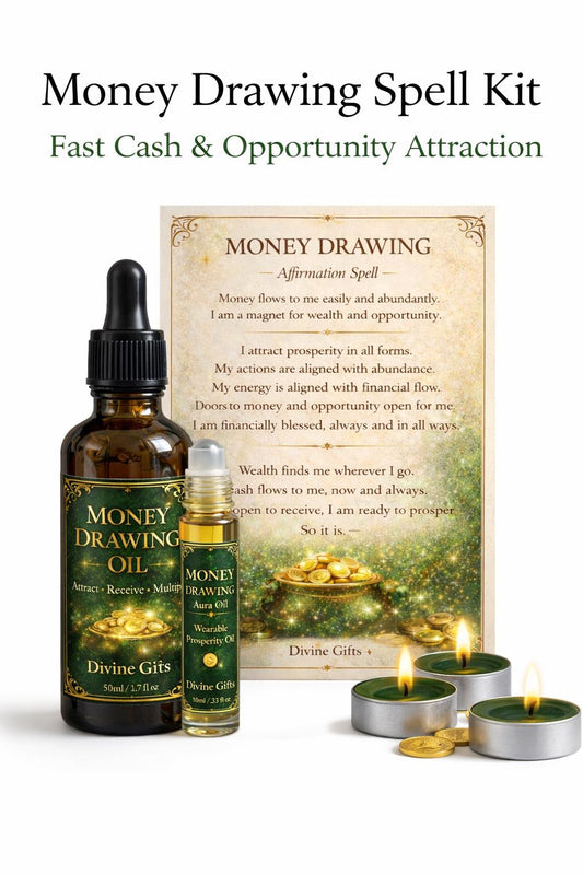 Money Drawing Spell Kit – Fast Cash & Opportunity Attraction, Wealth Ritual Kit, Prosperity Oil, Aura Roll On, Abundance Spell kit.