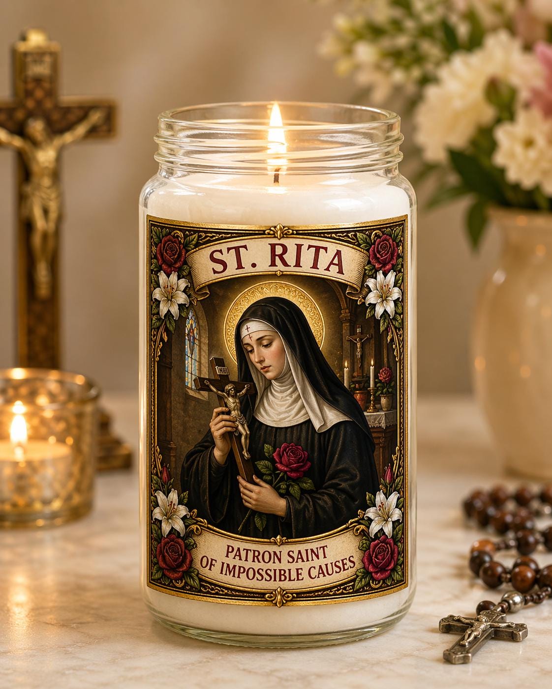 St Rita Prayer Candle | Patron Saint of Impossible Causes | White Devotional Candle in Glass Jar | Divine Gifts UK