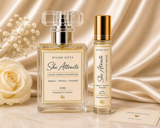 She Attracts Perfume Set | Luxury Feminine Fragrance | 30ml Spray & 10ml Roll On | Vanilla Musk Patchouli Scent | Gift for Her UK