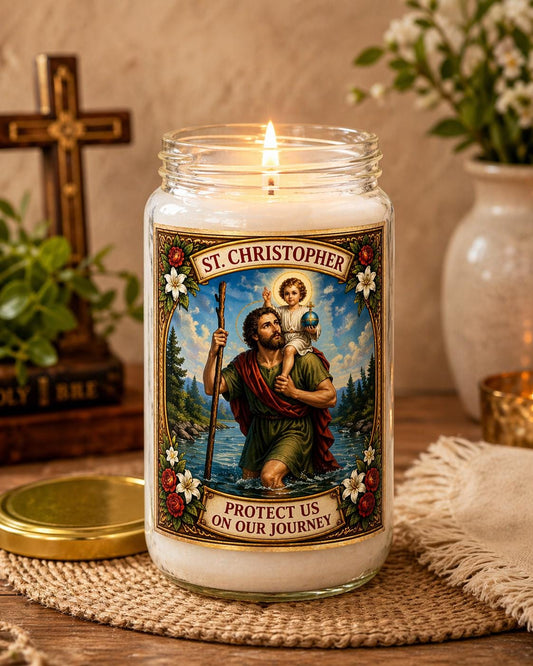 St Christopher Prayer Candle | Patron Saint of Travel Protection | White Devotional Candle in Glass Jar | Divine Gifts UK