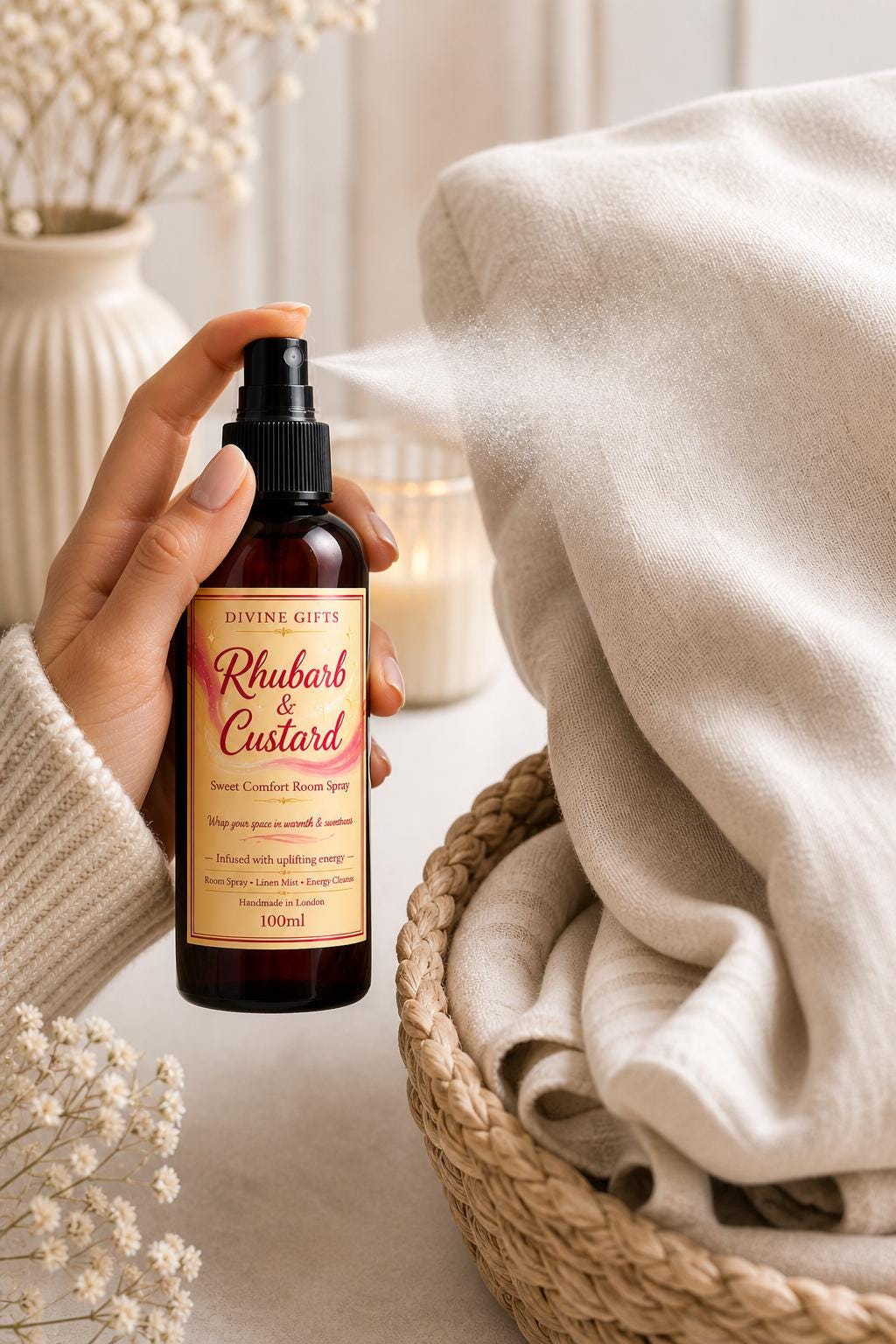 Rhubarb & Custard Room Spray 100ml | Sweet Home Fragrance Mist | Linen Spray | Cozy Scent | Handmade in London | Gift for Her