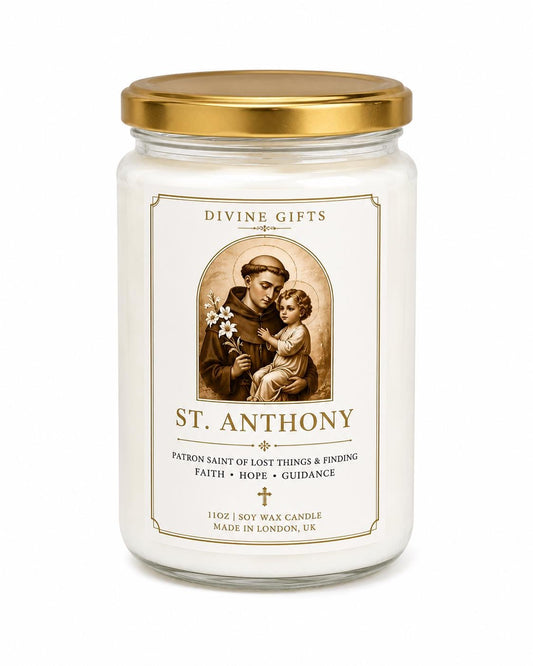 St. Anthony Prayer Candle | Patron Saint of Lost Things | White Soy Wax Devotional Candle | Catholic Gift | Divine Gifts UK