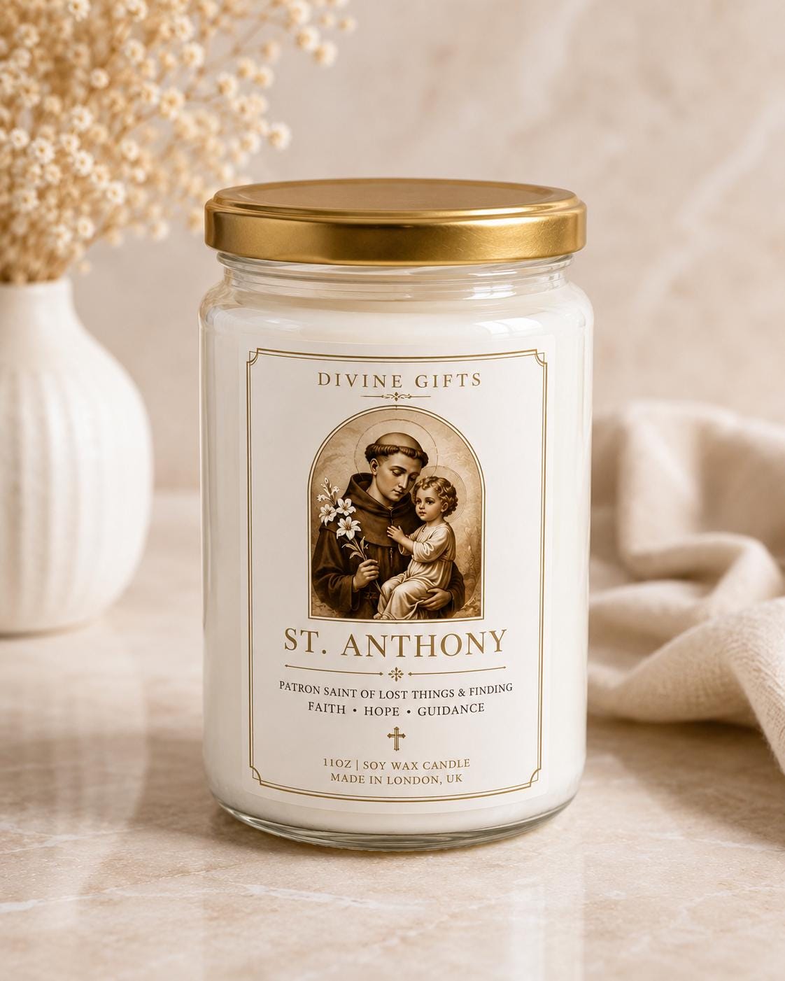 St. Anthony Prayer Candle | Patron Saint of Lost Things | White Soy Wax Devotional Candle | Catholic Gift | Divine Gifts UK
