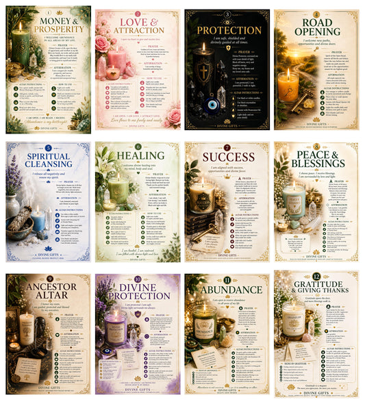 12 Printable Spiritual Altar Cards PDF | Prayer, Affirmation, Ritual Cards | Manifestation, Protection, Healing & Abundance.