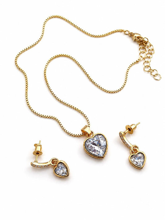 Gold coloured Heart Crystal Necklace & Earrings Set | Elegant Women’s Jewellery | Bridal Gift | Birthday Present | Luxury style Jewellery