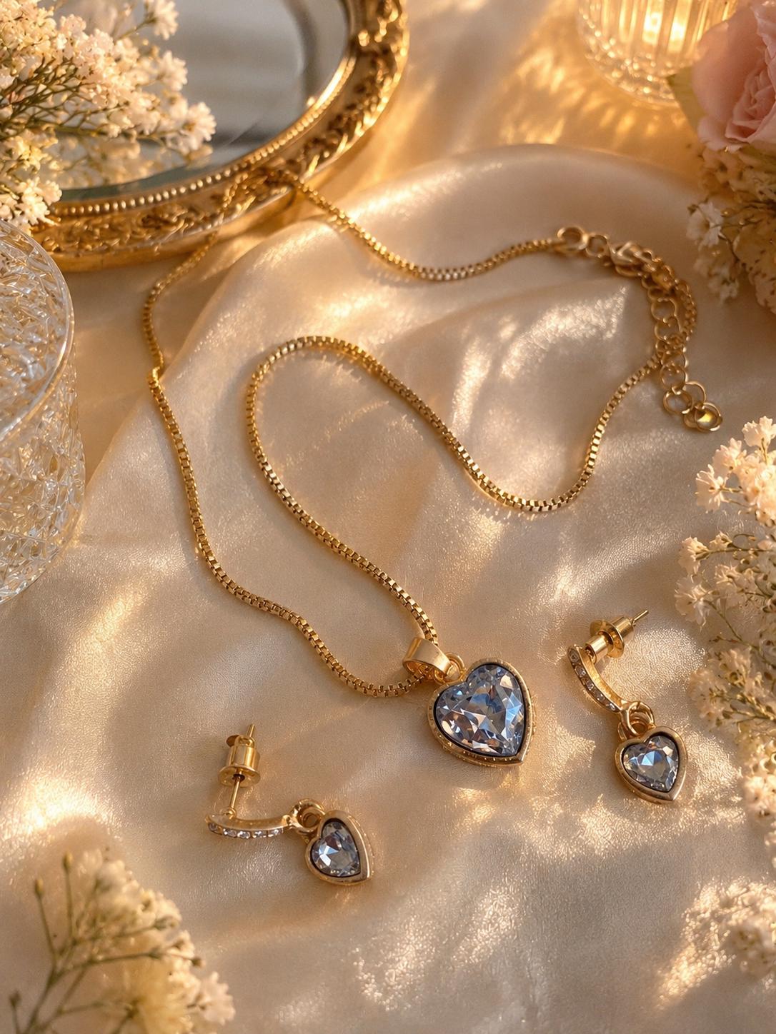 Gold coloured Heart Crystal Necklace & Earrings Set | Elegant Women’s Jewellery | Bridal Gift | Birthday Present | Luxury style Jewellery