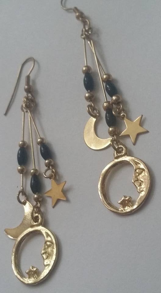 Kissys Goldtone Dangling Star and Moon with Black Beads Witchy Earrings - Witch~ Witchy~