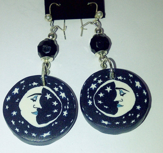Kissys Beautiful Moon at night Beaded drop Earring. Midnight Blue & Black Bead.