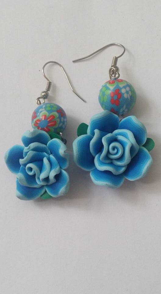 Kissys Fimo Blue Rose with Pretty Fimo Bead Flower design Dangling Party Earrings. - Blue