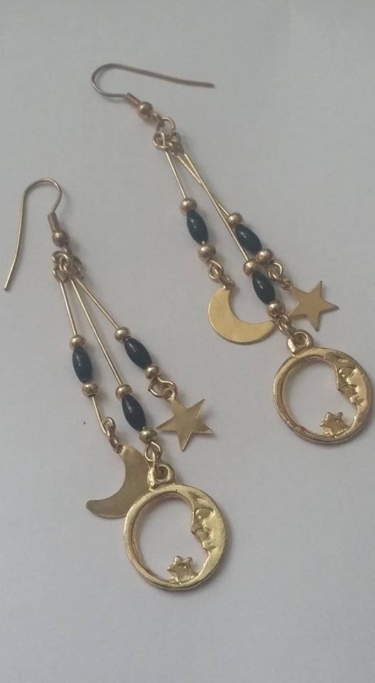 Kissys Goldtone Dangling Star and Moon with Black Beads Witchy Earrings - Witch~ Witchy~