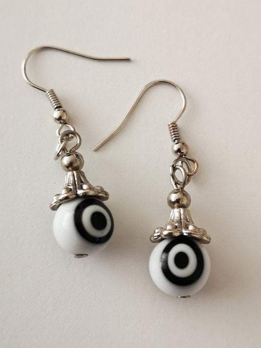 White and Black Evil Eye Spiritual Protection Ball Beaded Earrings, for Women, Girls, Men. - ST1