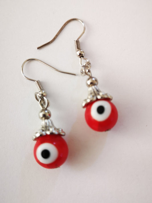 Red and White Evil Eye Spiritual Protection Ball Beaded Earrings, for Women, Girls, Men. - ST1