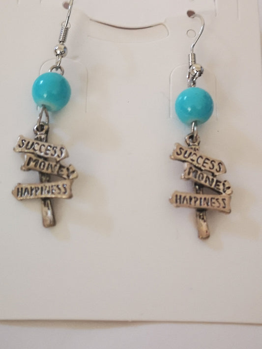 Success, Money and Happiness Charm Blue Ball Beaded Earrings, for Women, Girls, Men.