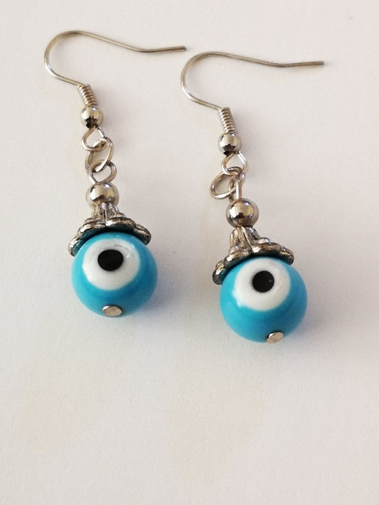 Blue and White Evil Eye Spiritual Protection Ball Beaded Earrings, for Women, Girls, Men. - ST1