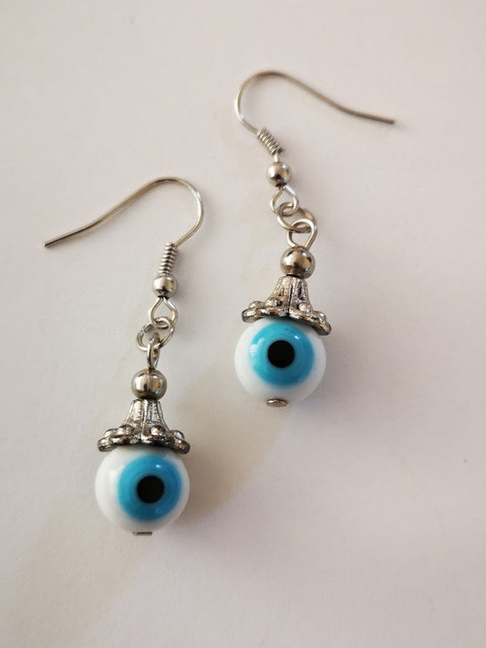 White and Blue Evil Eye Spiritual Protection Ball Beaded Earrings, for Women, Girls, Men. - ST1