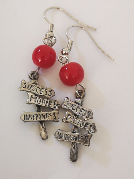 Success, Money and Happiness Charm Red Ball Beaded Earrings, for Women, Girls, Men.