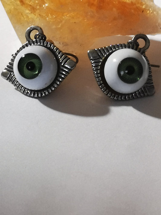 Green Eyed Almond Shaped Setting Evil Eye Spiritual Earrings, for Women, Girls, Men.