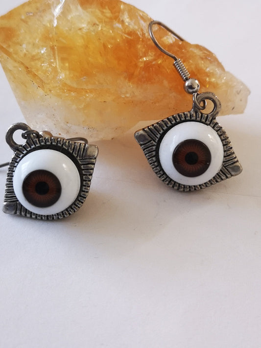 Brown Eyed Almond Shaped Setting Evil Eye Spiritual Earrings, for Women, Girls, Men.