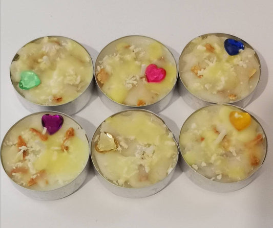 6 Coconut and Lemon Tealight Candles - Gift Set, Wrapped in Gold Paper.