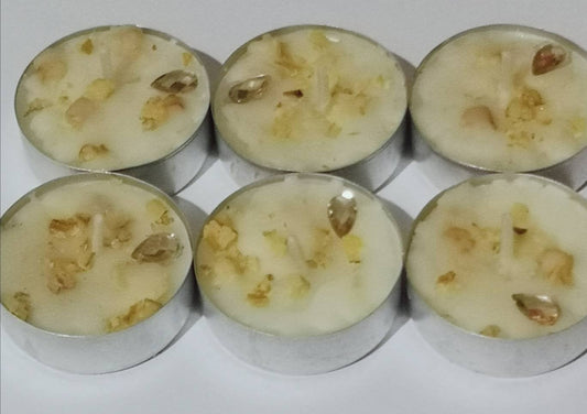 6 Vanilla Cream and Toasted Walnuts Tealight Candles - Gift Set, Wrapped in Gold Paper.