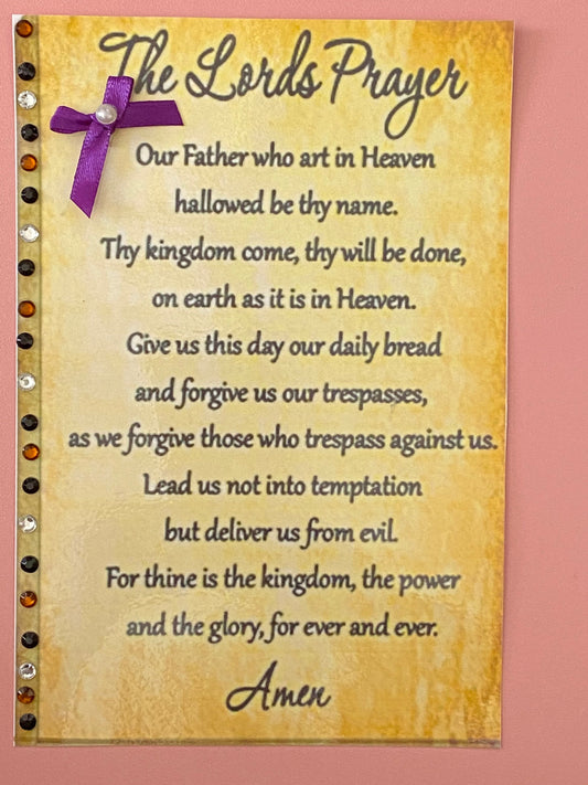 The Lords Prayer, Our Father Keepsake Gift  Card decorated with Gems and Crafts. A5 K006