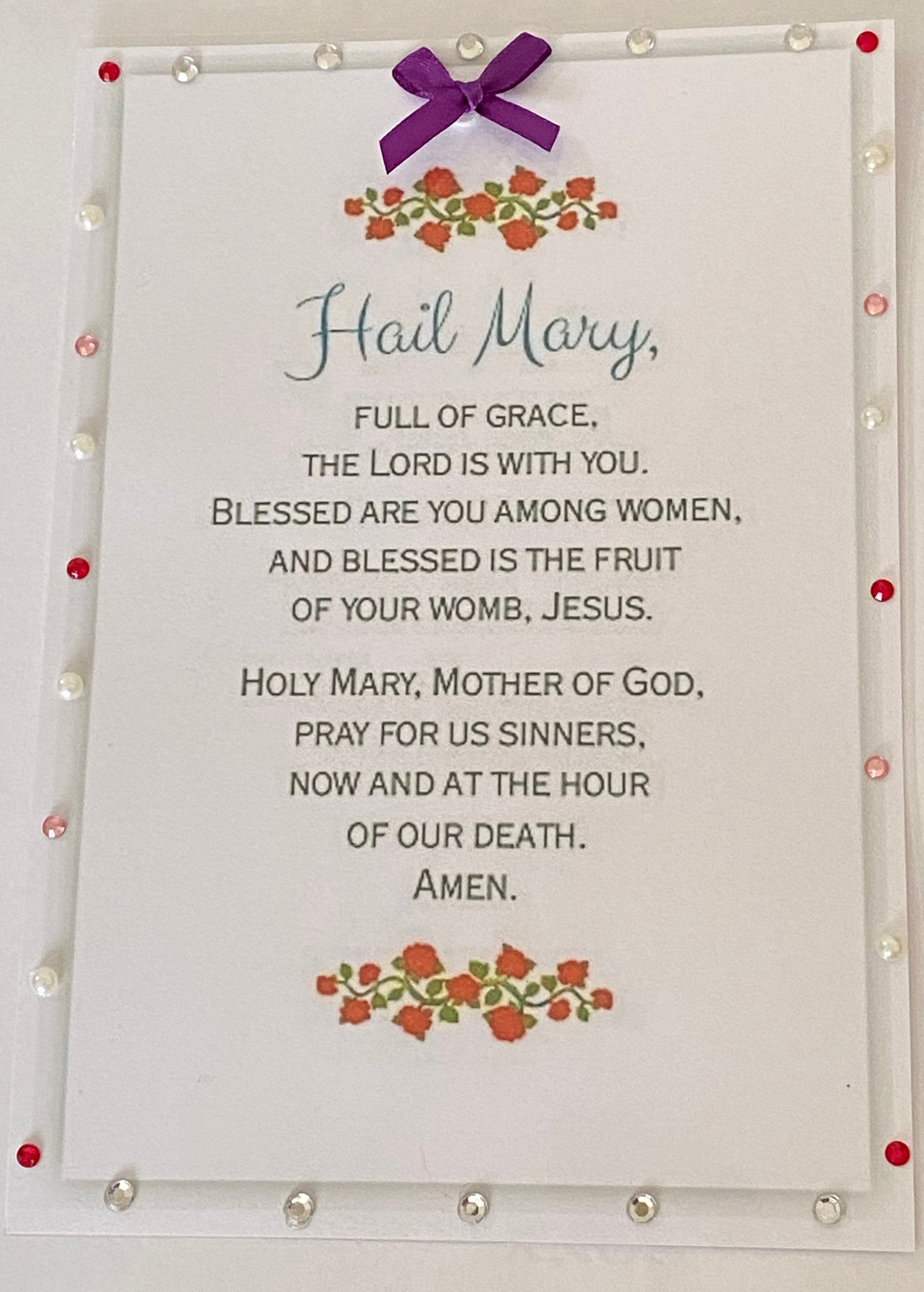 Hail Mary Prayer, Keepsake Gift Laminated Card decorated with Gems and Crafts. A5 K014