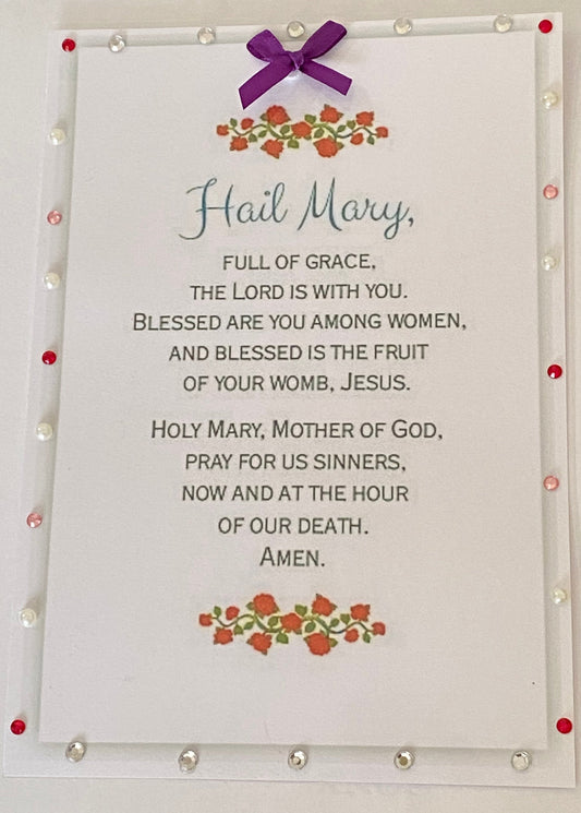 Hail Mary Prayer, Keepsake Gift Laminated Card decorated with Gems and Crafts. A5 K014