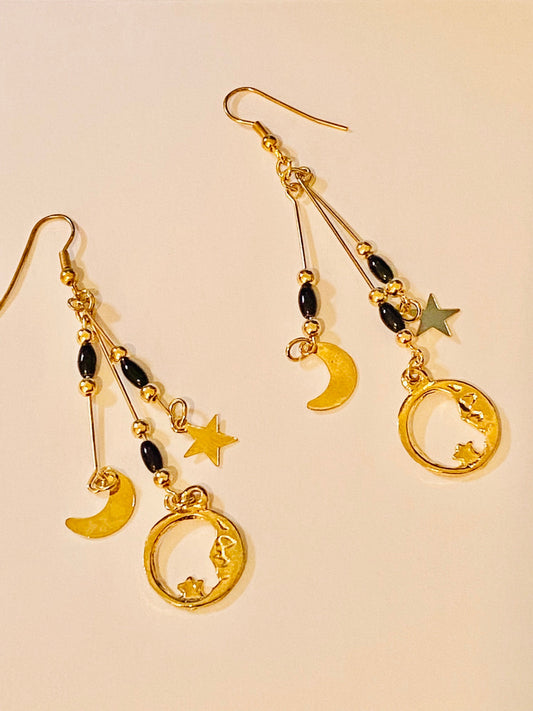 Woman, Girls Star, Sun and Moon Gold Tone Dangle Earrings with Black Beads.