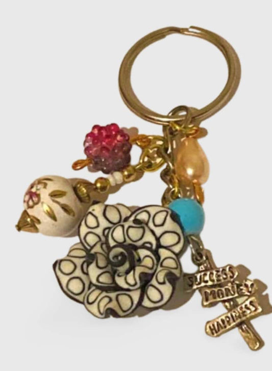 Fimo Flower Bead Multi Charm Keyring, Hand Bag Charm with Beads, Gift For her, Birthday, Cute Gift.