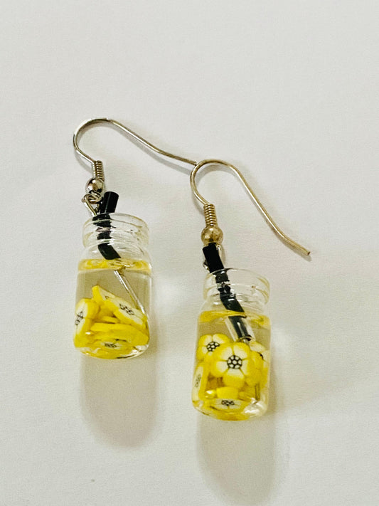 Woman, Girls  Yellow Flowers Mason Glass Charm Beaded Fashion, Boho  Dangle Earrings. Hook Drop, Pierced Ears.
