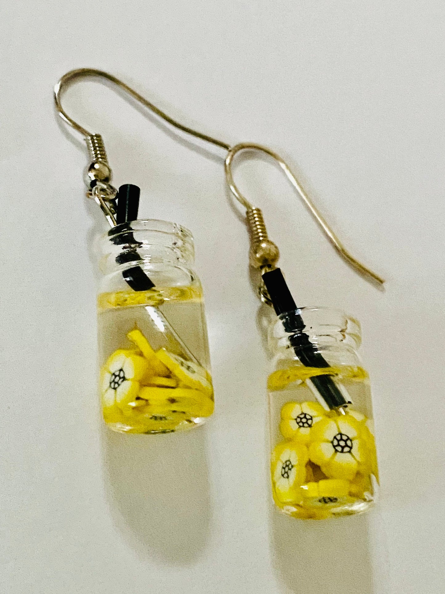 Woman, Girls  Yellow Flowers Mason Glass Charm Beaded Fashion, Boho  Dangle Earrings. Hook Drop, Pierced Ears.
