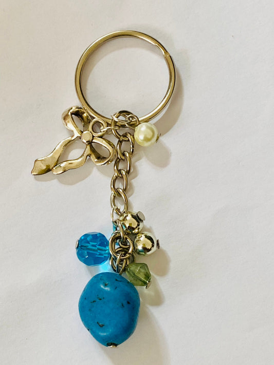 Turquoise Stones, Blue Beads with Bow Multi Charm Keyring, Hand Bag Charm, Gift For her, Birthday, Cute Gift.