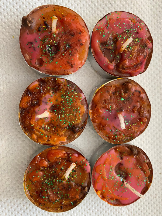 6 Hoodoo Road Opener Success tea light Candles, made with herbs, roots, oils & powders. Handmade Blend - Use to open paths.