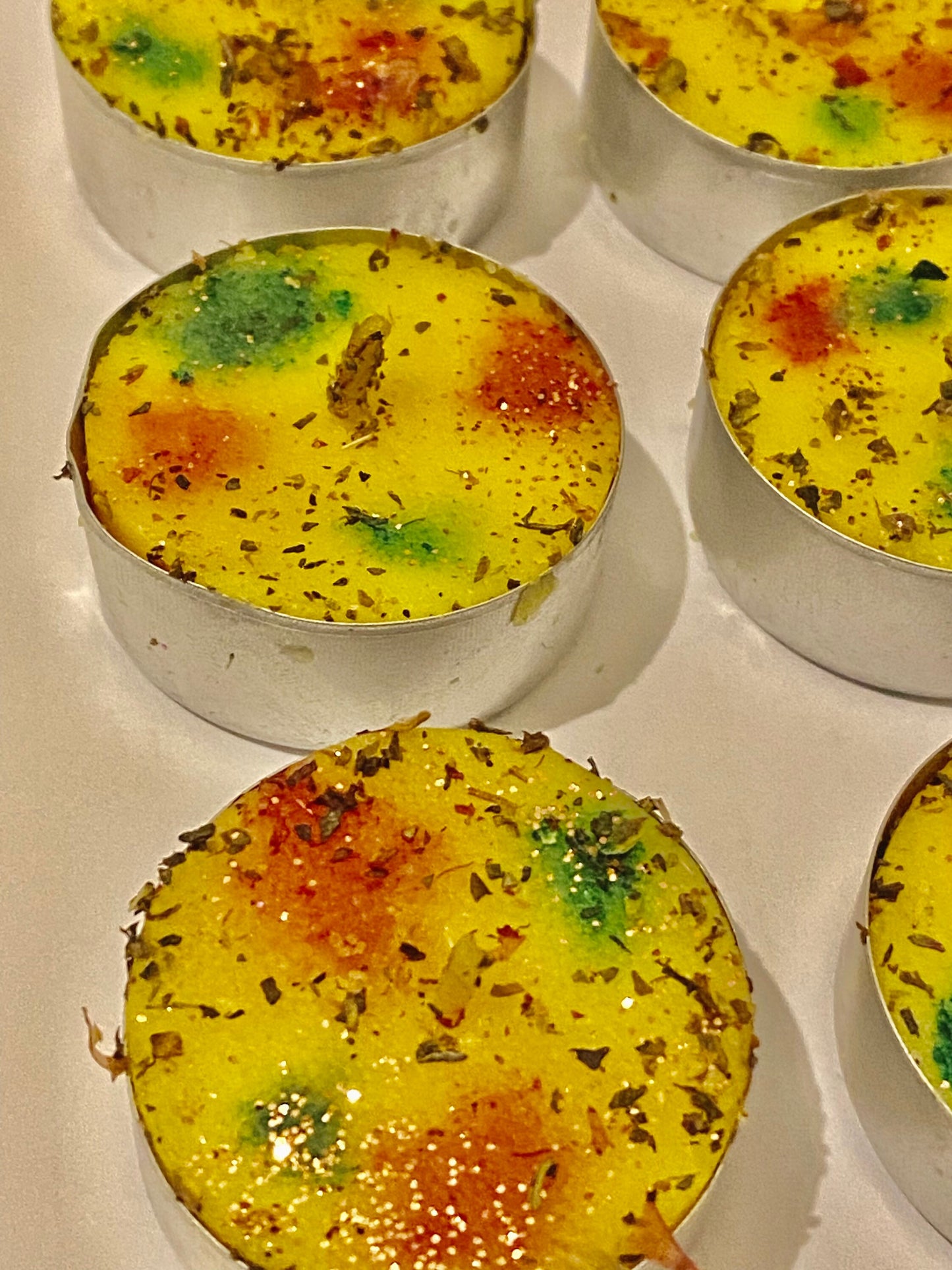 6  Pretty Lemon scented Happiness and Joy Tea light Candles, made with herbs, oils & powders. Handmade Blend - Use to draw happiness.