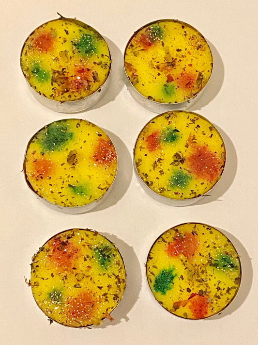 12 Pretty Lemon scented Happiness and Joy Tea light Candles, made with herbs, oils & powders. Handmade Blend - Use to draw happiness.